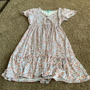 Light blue dress with pink and red flowers. Cinched at the waist.